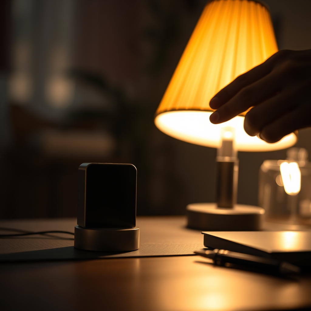 A hand gently adjusting a beautiful, minimalist floor lamp, integrating natural light with artificial warmth.