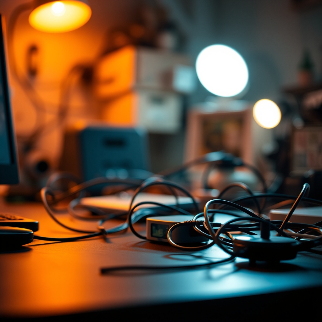 A cluttered smart home setup with tangled wires and confusing automated lighting controls, illustrating common mistakes.