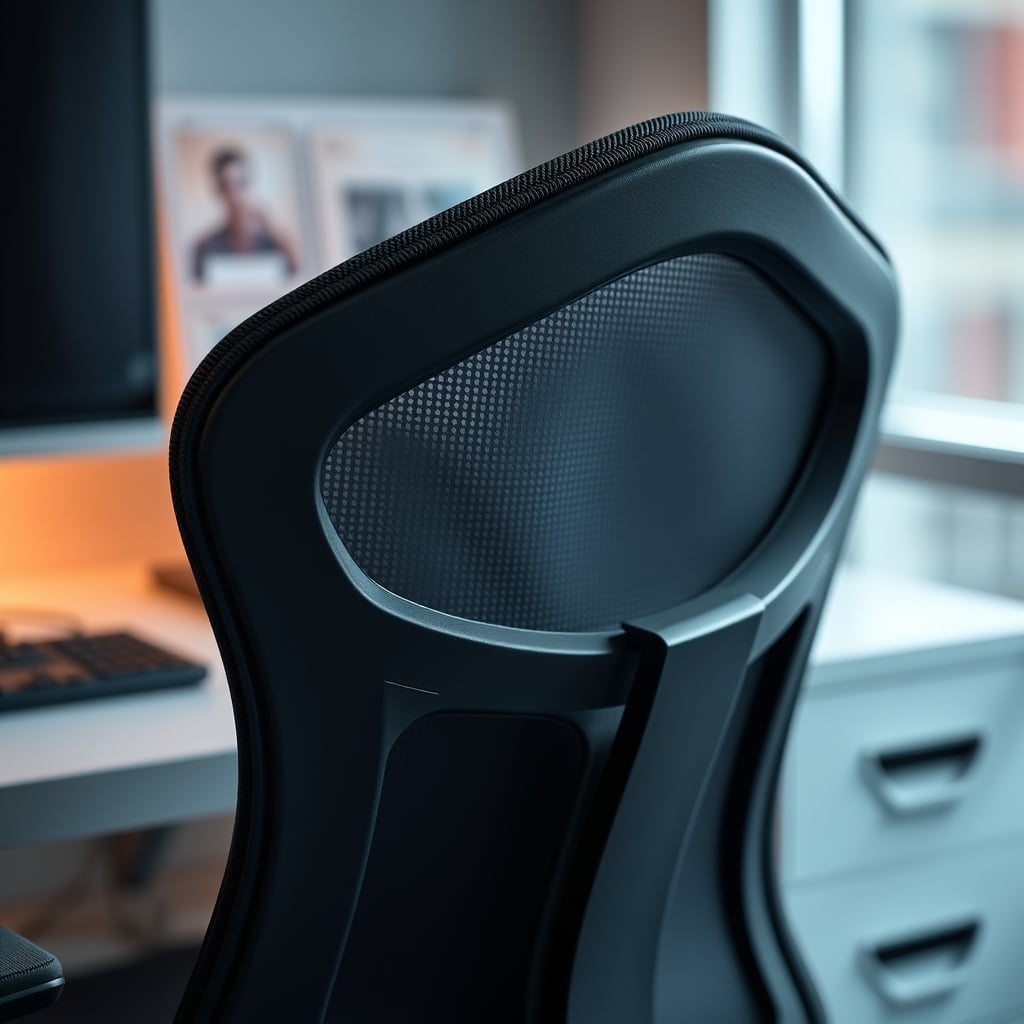 Close-up of a rigid, fixed lumbar support pad on a chair, illustrating its limited adjustability.