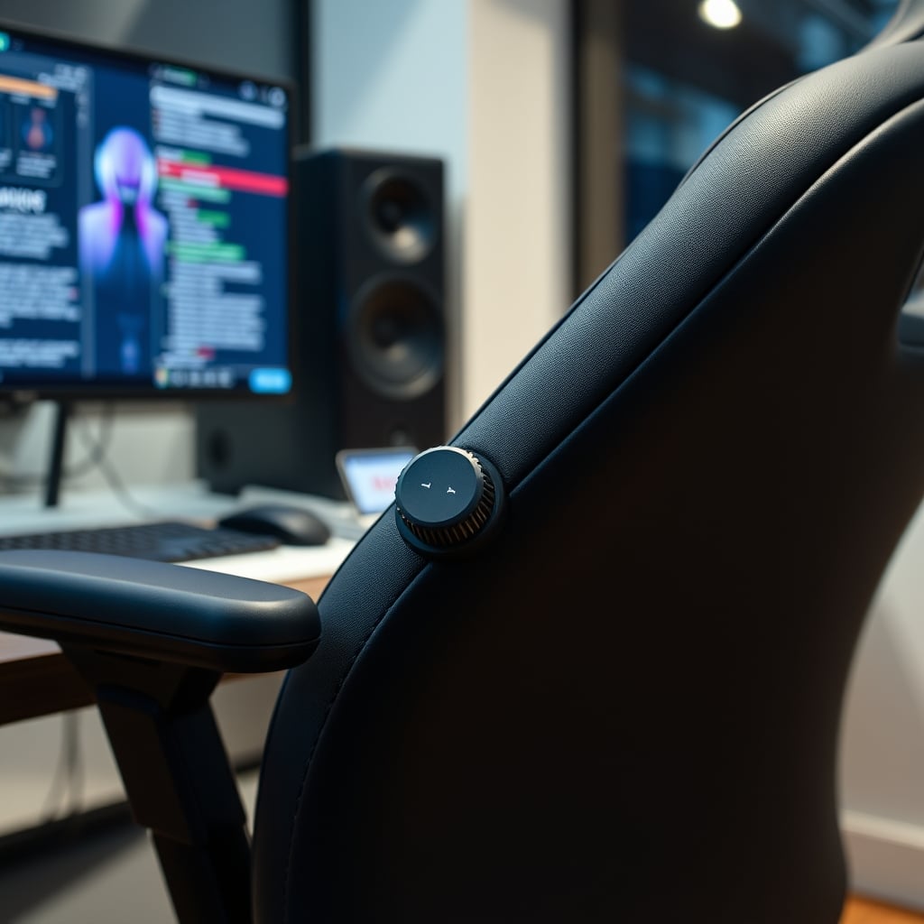 Hidden adjustment controls under a chair: a seat depth slider and a tilt tension dial.