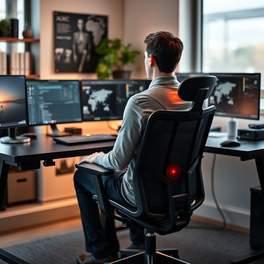 Person sitting correctly in a drafting chair with forward seat tilt, promoting healthy posture.