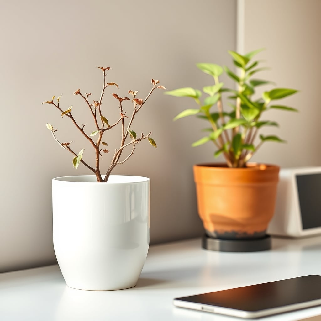 Visual comparison: a dead, wilted plant in a sleek white self-watering pot versus a thriving plant in a simple brown terracotta pot on the same desk.