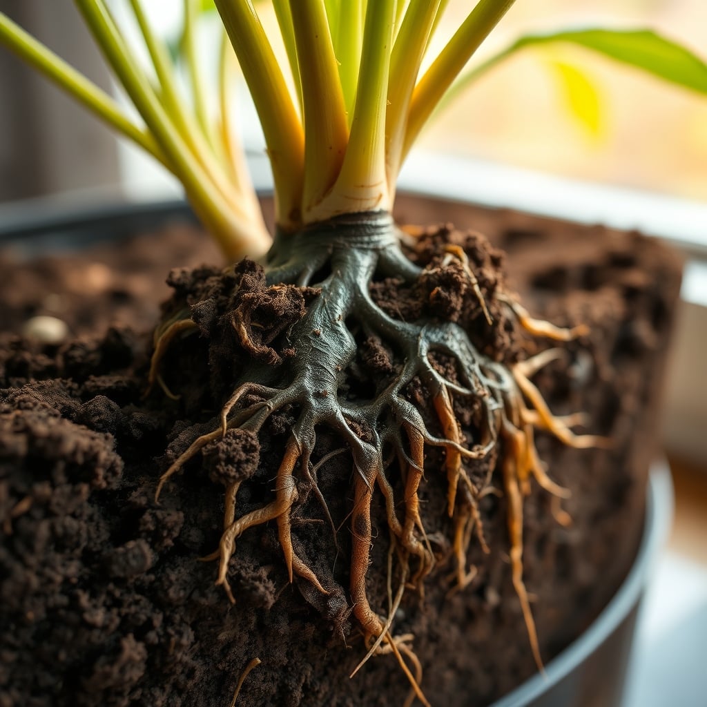 Close-up, disgusting photo of brown, mushy root rot in saturated soil pulled from a self-watering planter reservoir.