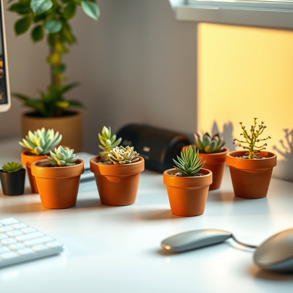 A clean, focused desk workspace with multiple small, rustic terracotta pots holding healthy green plants, demonstrating a simple, effective aesthetic.