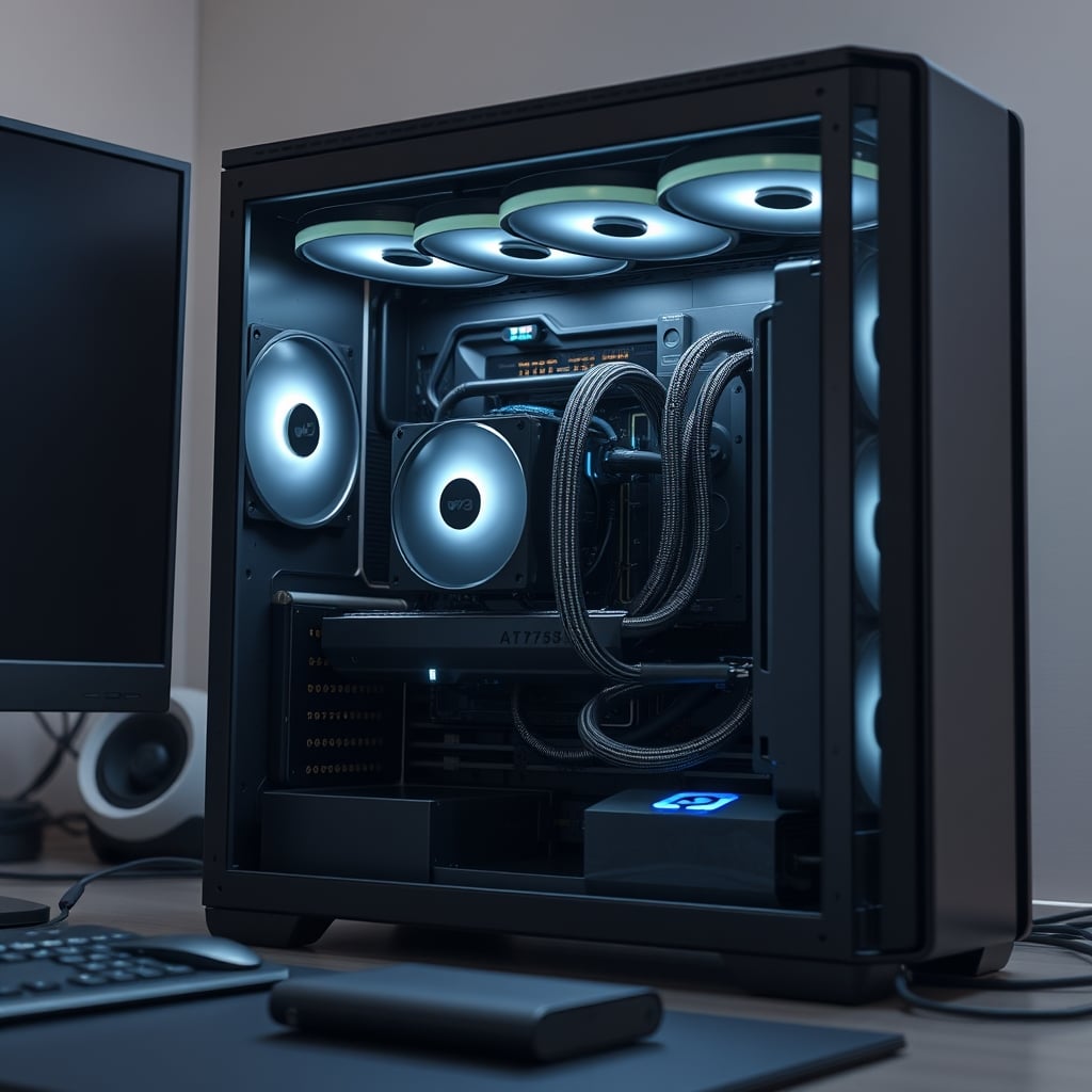 Interior of a high-performance editing PC showing a massive dual-tower CPU air cooler and impeccable cable management in a dark, sound-dampened case.