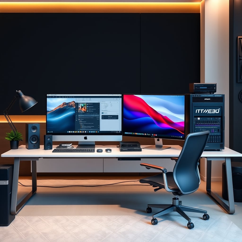 A hybrid editing workstation featuring a Mac Studio and a Windows PC connected to a large multi-bay NAS unit via 10GbE networking.