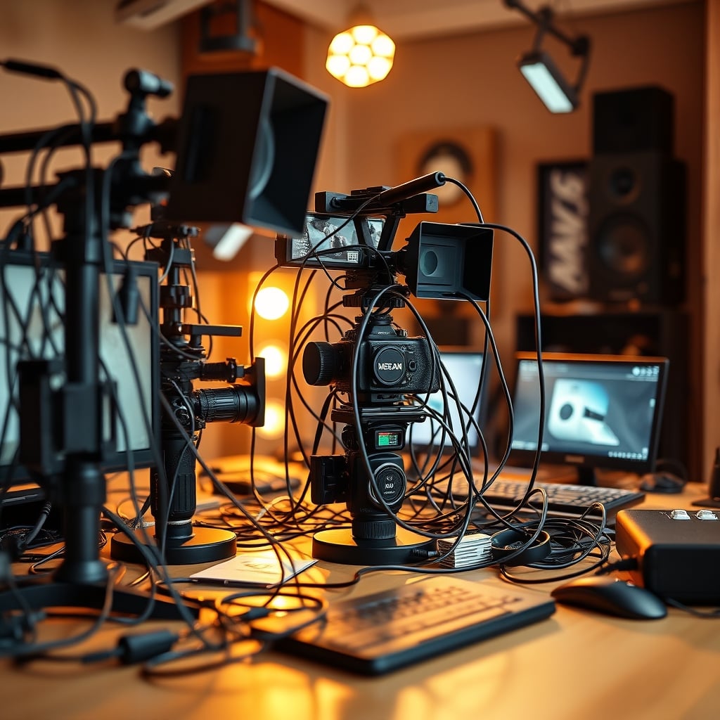 A messy desk with multiple cameras, cables, and a confused-looking streamer, representing the complexity of multi-cam setups.