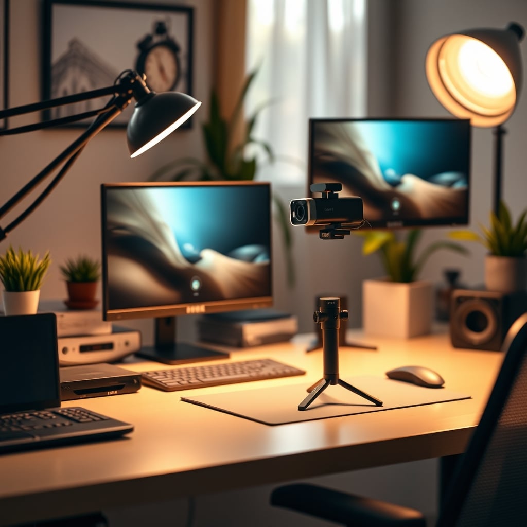 A clean, focused desk with a single webcam on a monitor arm, excellent lighting, and no clutter.