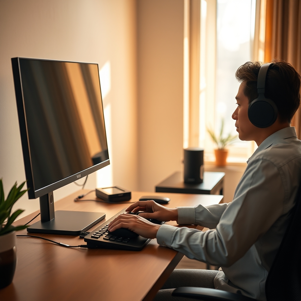 An individual maintaining optimal ergonomic posture while working at a single monitor, highlighting the health benefits of a streamlined setup.