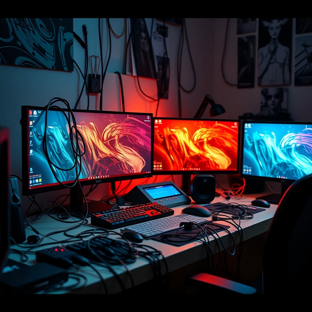 A chaotic, overly complex dual-PC streaming setup representing the problem the article argues against
