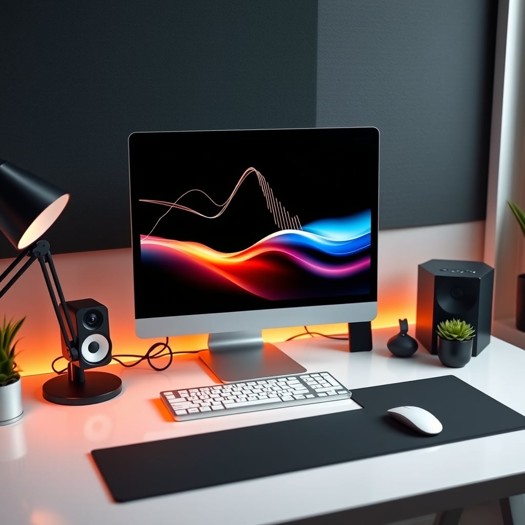 A clean, efficient single PC podcasting desk with microphone, mixer, and monitor
