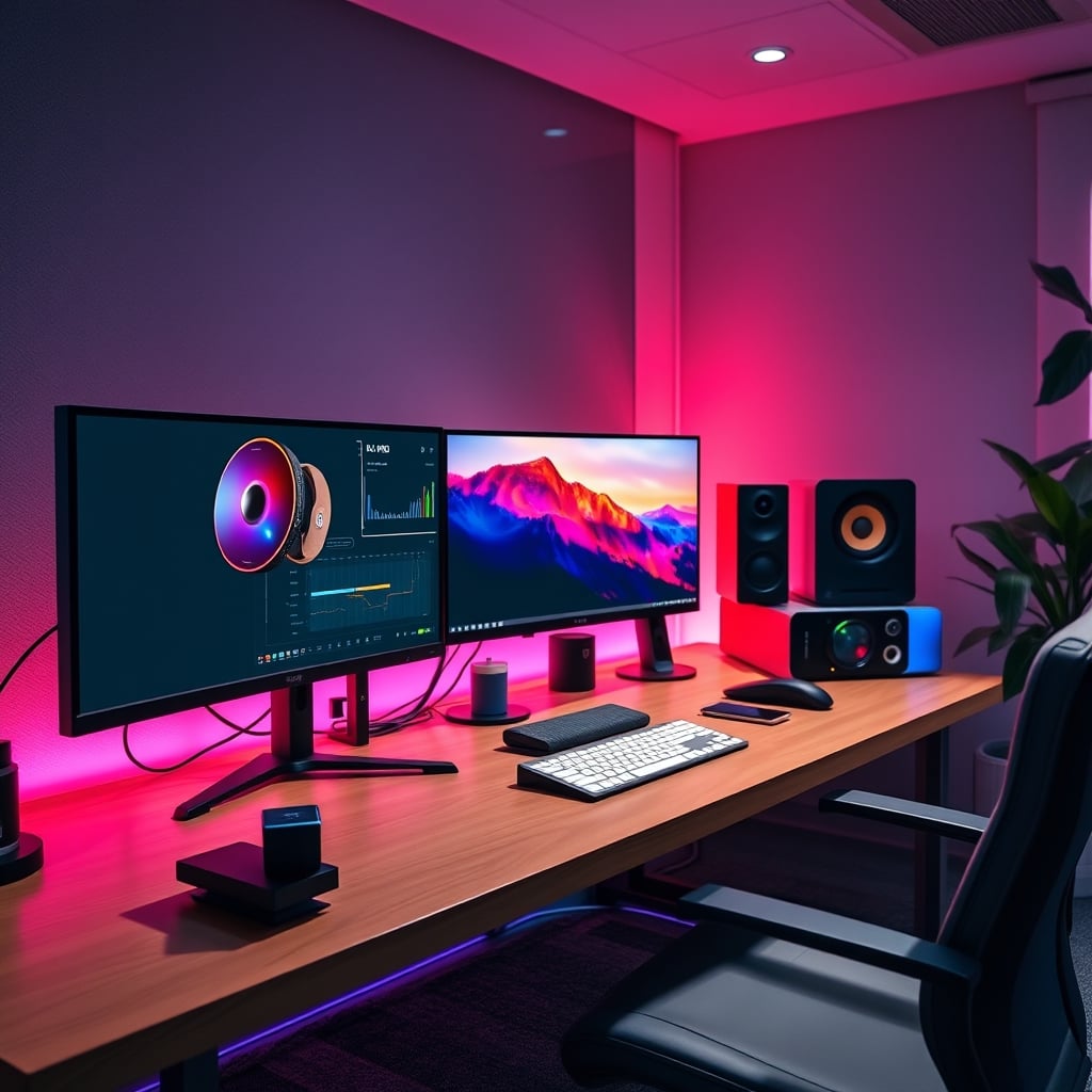 A clean, professional single PC workstation setup for video editing with minimal cables and no distracting RGB lighting.