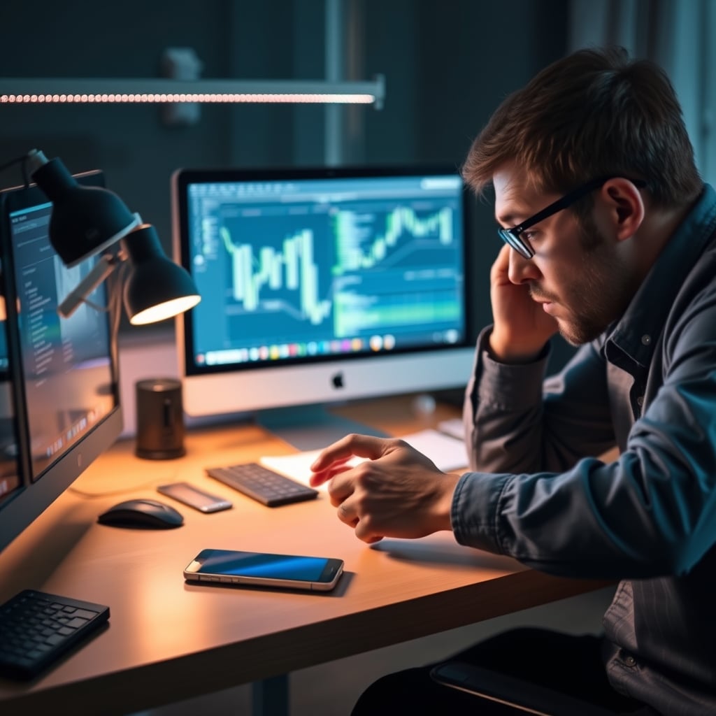 A person looking frustrated at a sleek, dark single-task gadget on their desk that clearly has a dead battery.