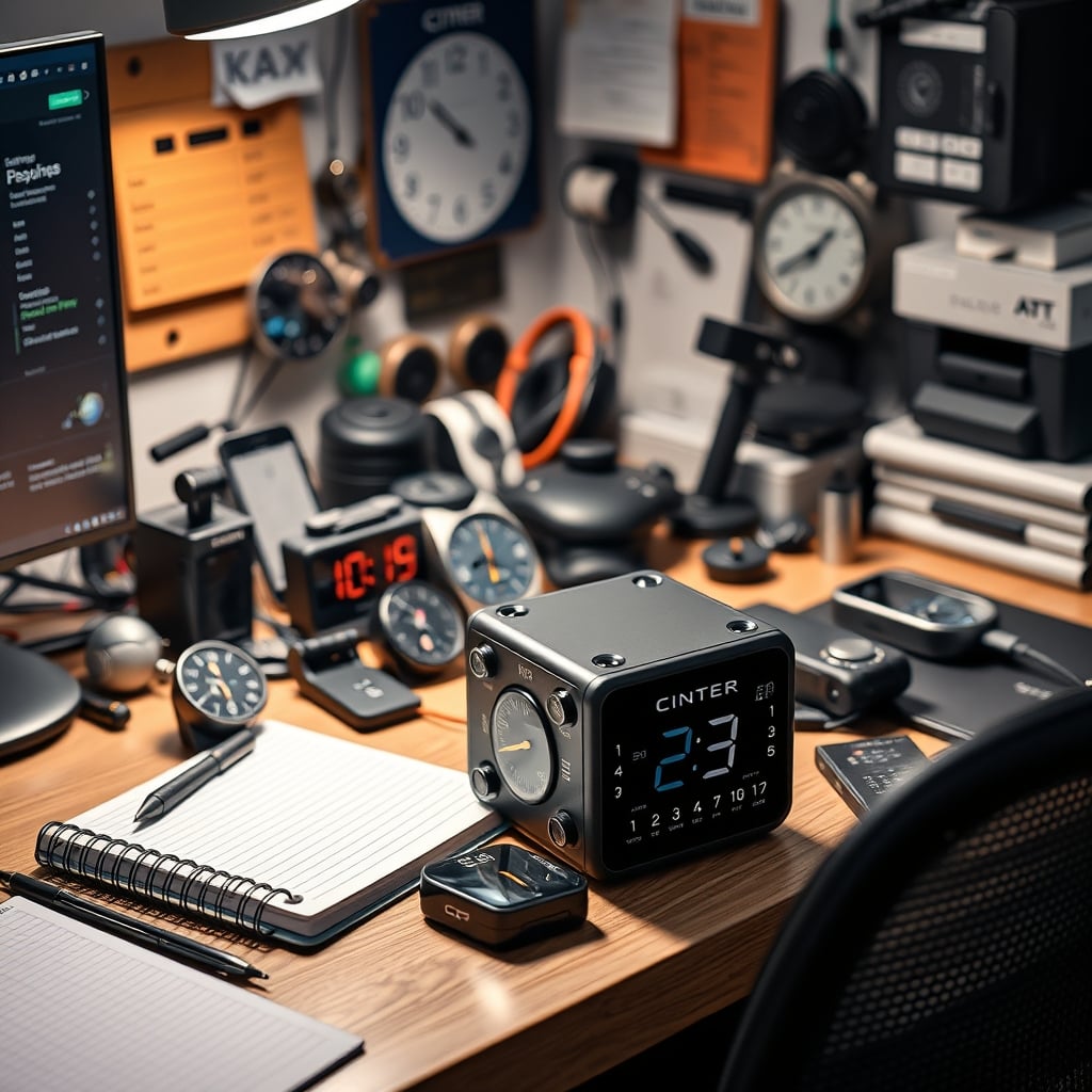 A cluttered desk filled with various single-task gadgets like a timer cube, digital notebook, and dedicated chargers, illustrating the problem.