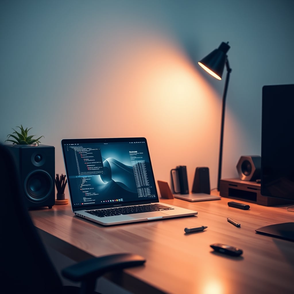 A clean, focused desk setup with only a laptop, a monitor, and a single, sturdy multi-tool pliers set to the side.