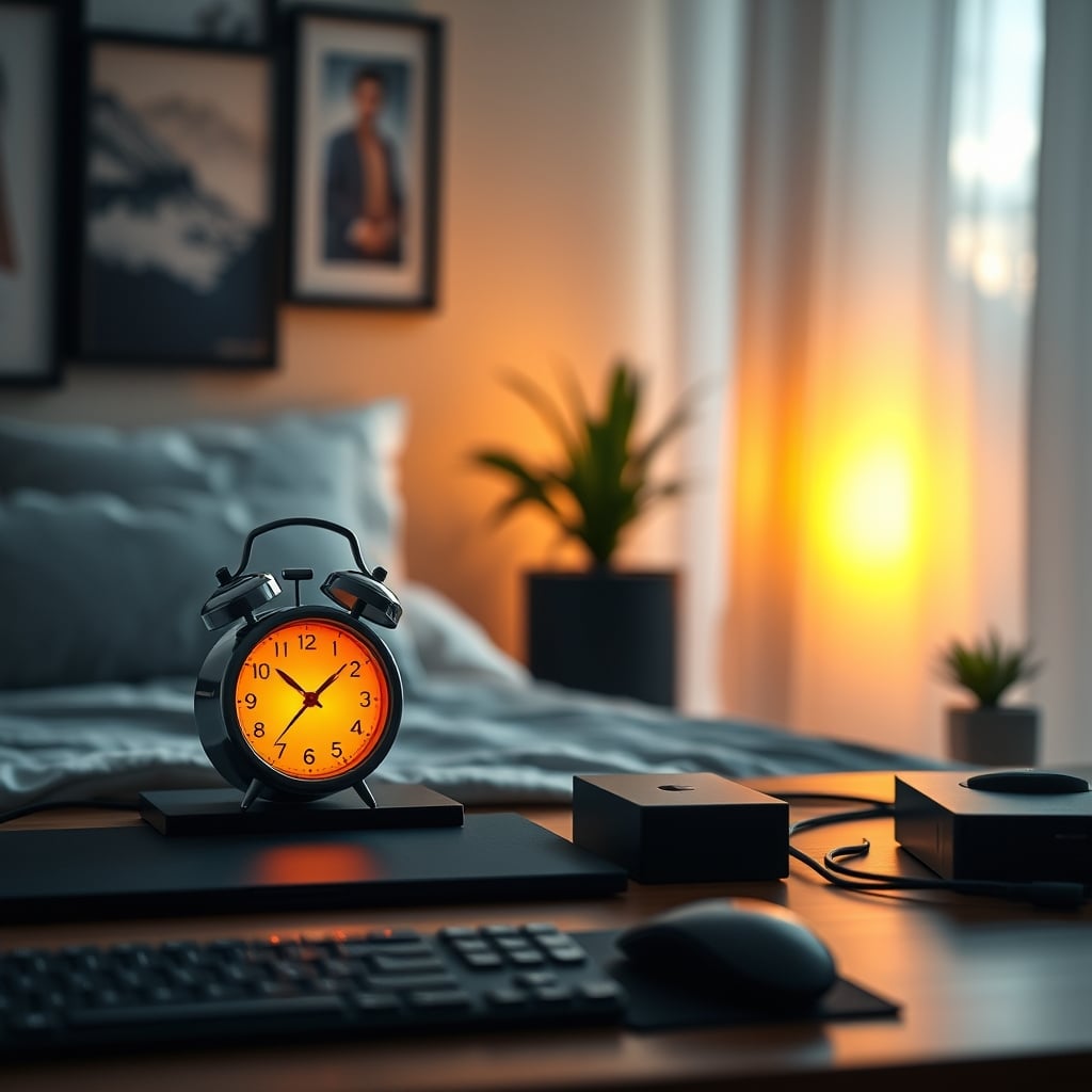A sunrise alarm clock emitting a warm, gradual light in a morning bedroom scene.