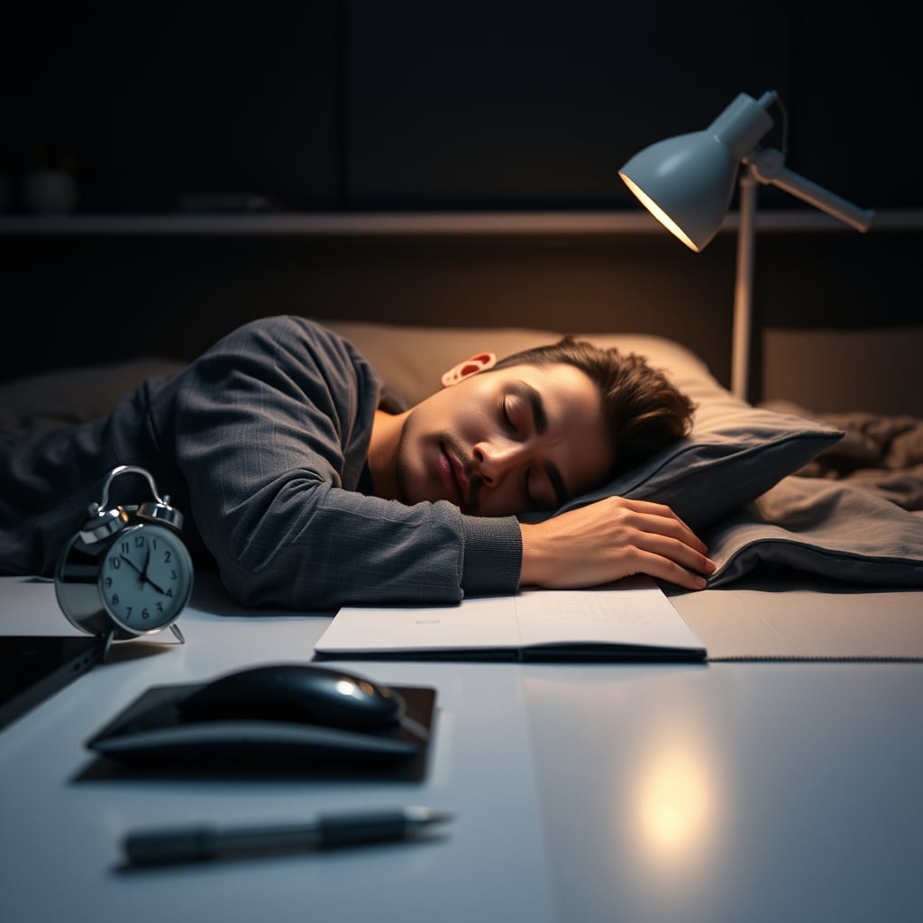 A person sleeping soundly with a simple, non-tracking alarm clock on the nightstand.