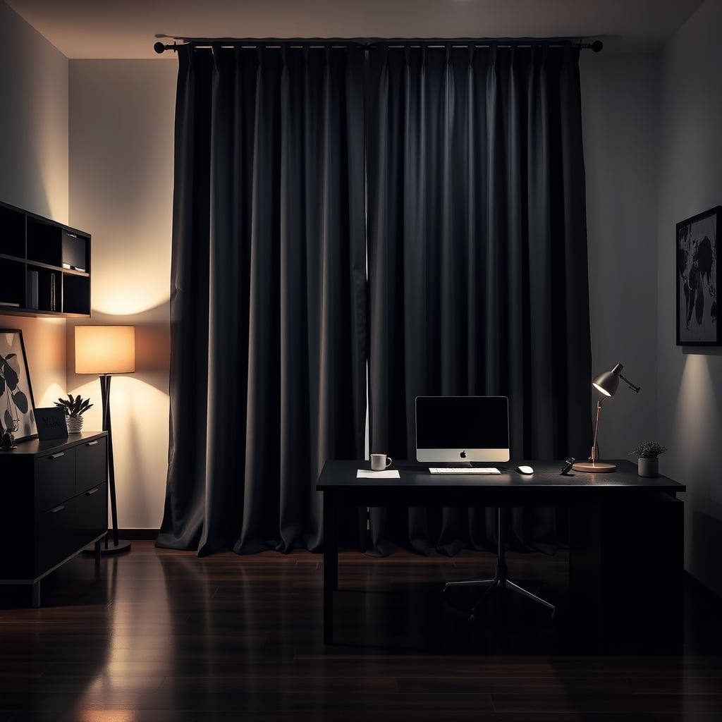 Properly installed blackout curtains creating total darkness in a home office during the day.