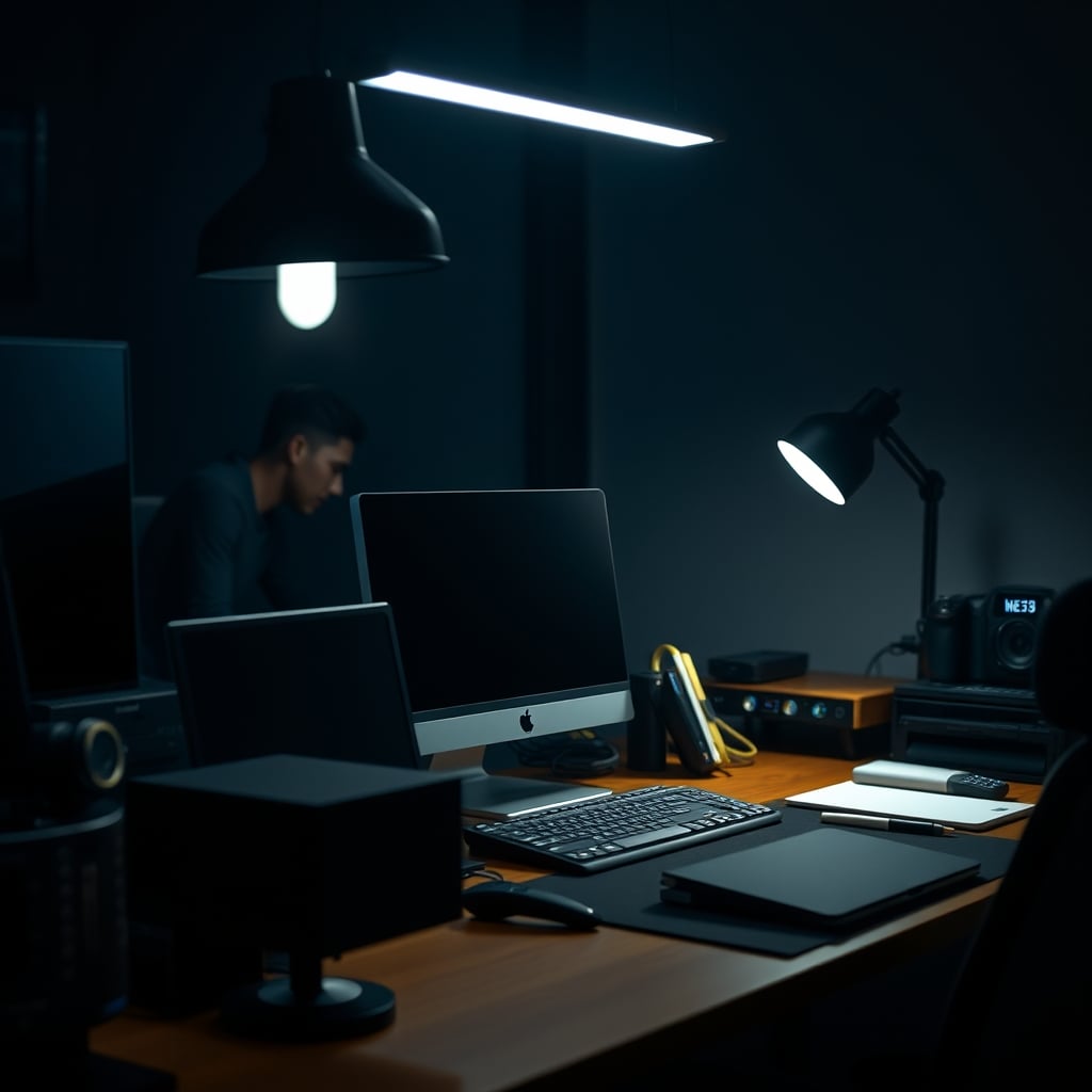 A desk at night showing light pollution from monitor, phone, and overhead light, undermining a single circadian lamp.