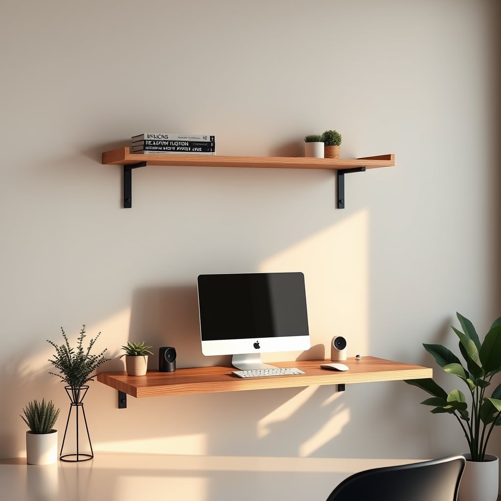A clean, modern workspace with a deep wooden shelf mounted directly to a white wall, holding a monitor on an arm.