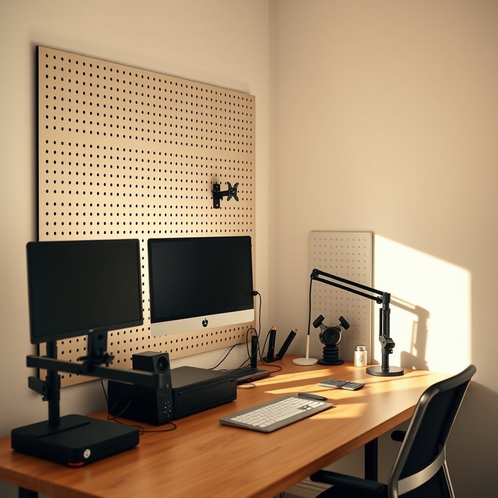A small desk utilizing vertical space with a pegboard and monitor arm to free up surface area.