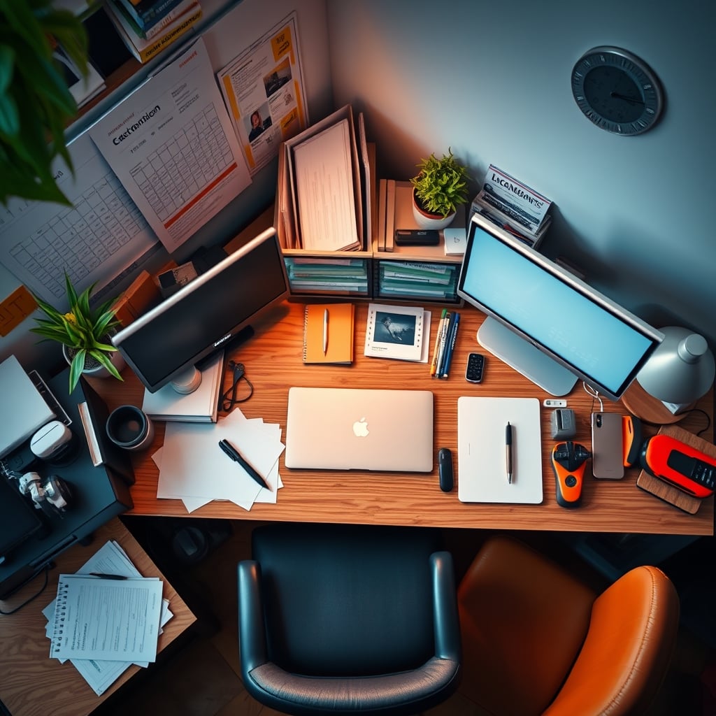 A realistic, cluttered but organized desk with multiple tools in use, showcasing functional productivity.