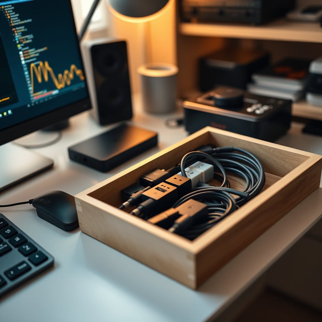 A clear, stackable drawer organizer holding various small desk items like cables and adapters.