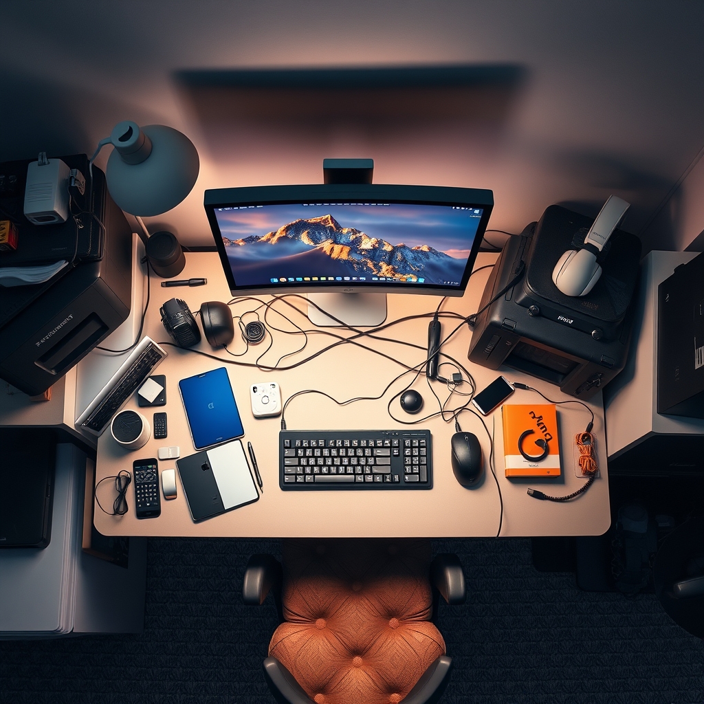 An overhead view of a cluttered, dysfunctional small desk setup, highlighting the lack of space for essential gear and proper ergonomics.
