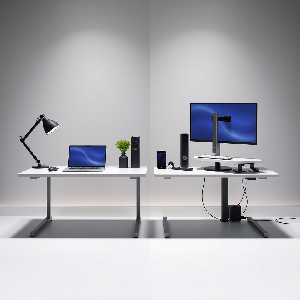A comparison showing the difference between a truly minimalist small desk and a small, optimized desk setup utilizing vertical space.
