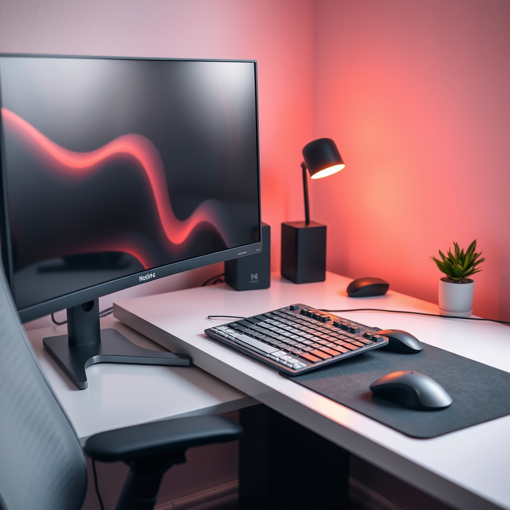 Close-up of poor ergonomic setup on a small desk, with monitor too close and cramped keyboard/mouse space, causing discomfort.