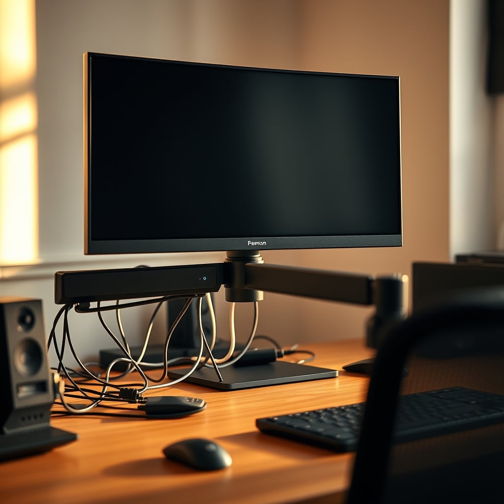 Messy cable clutter behind a monitor arm on a small desk, defeating the purpose of a clean setup.