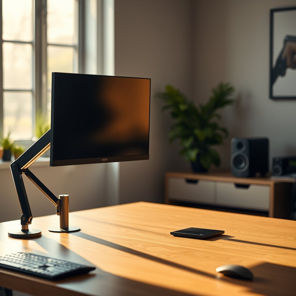 Comparison showing a space-efficient vertical monitor pole versus a bulky traditional C-arm on a small desk.