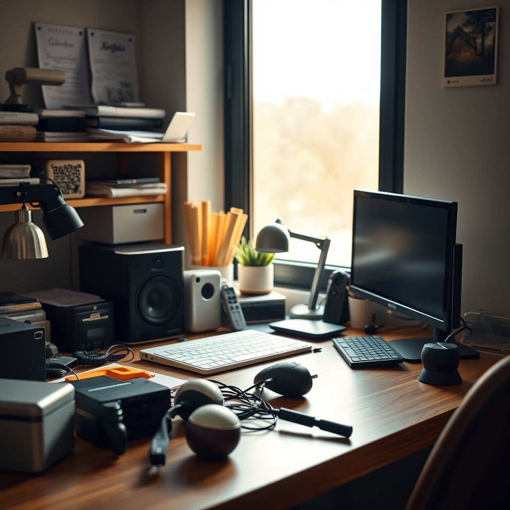 A failed small desk setup with wobbly monitor, melted USB hub, and cramped keyboard tray