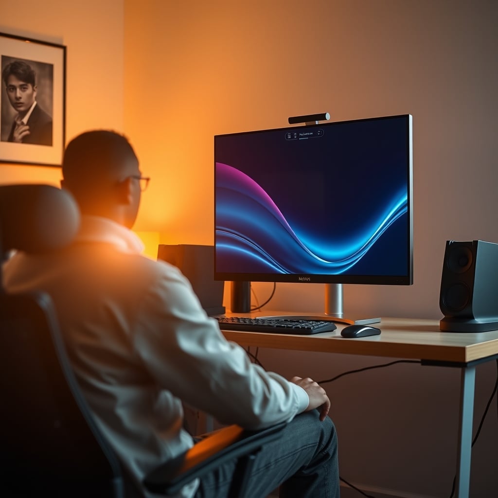 Person experiencing neck strain from sitting too close to oversized monitor