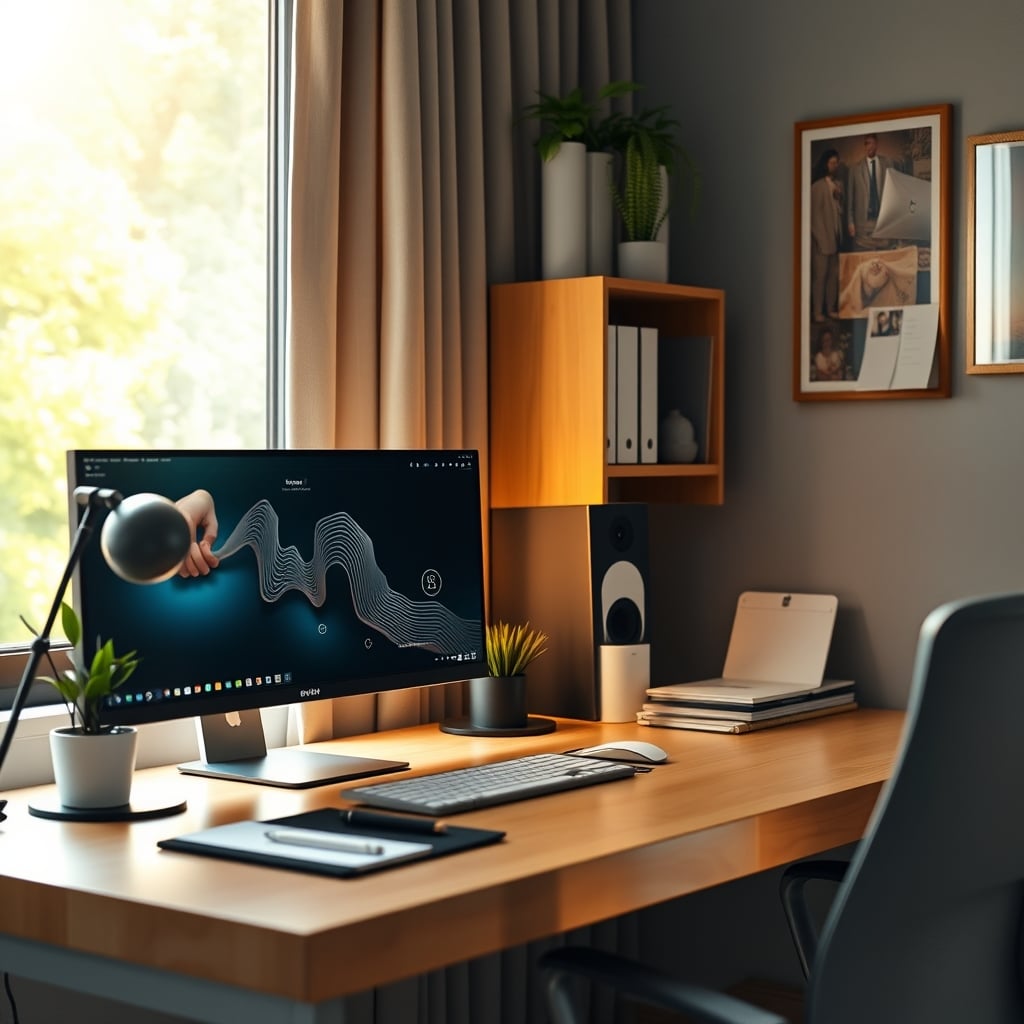 Well-organized small desk using vertical space and stable mounting