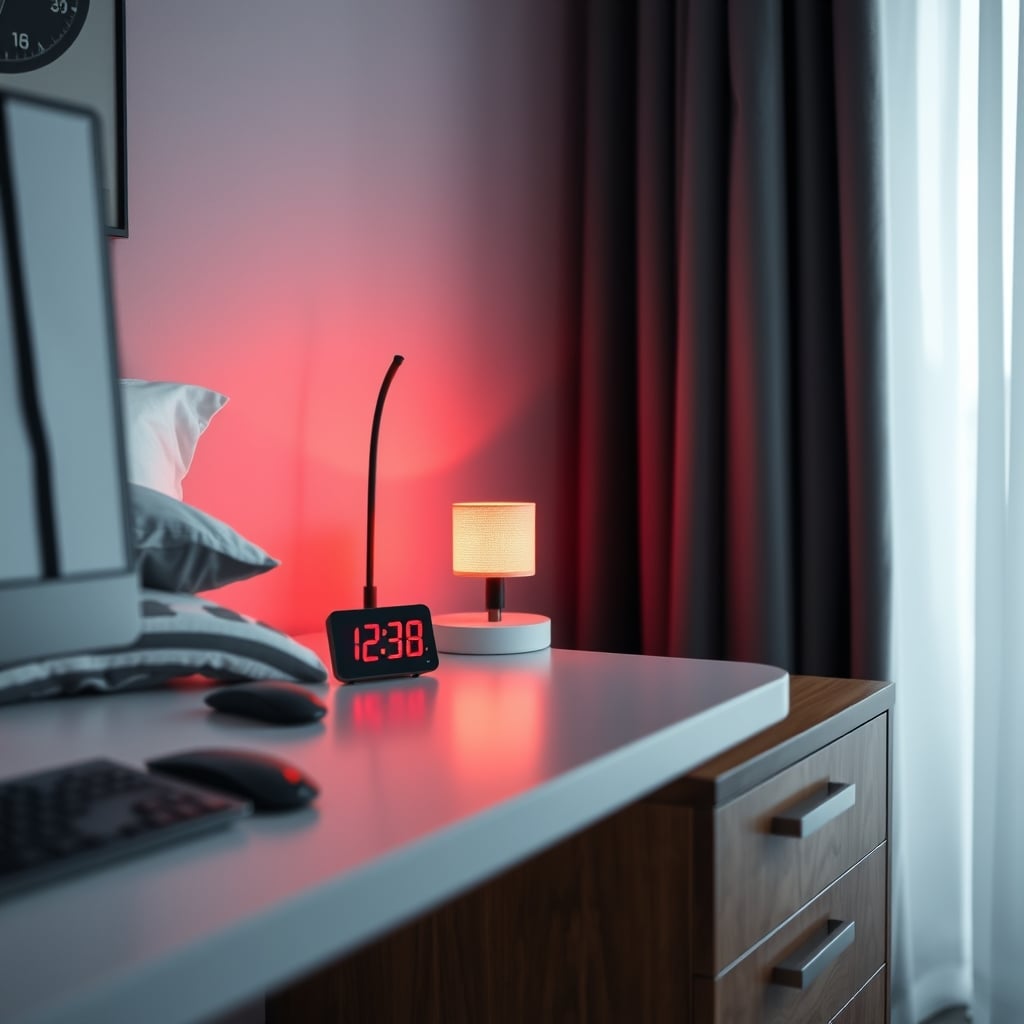 A basic, no-frills digital alarm clock with a red display sits across a room from a neatly made bed.