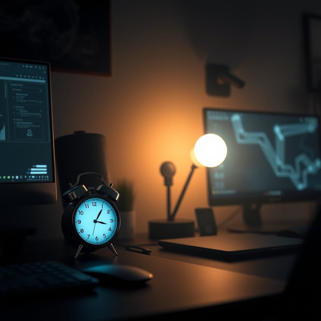 A sleek smart alarm clock glows with an eerie light on a nightstand, representing the intrusive presence of technology in the bedroom.