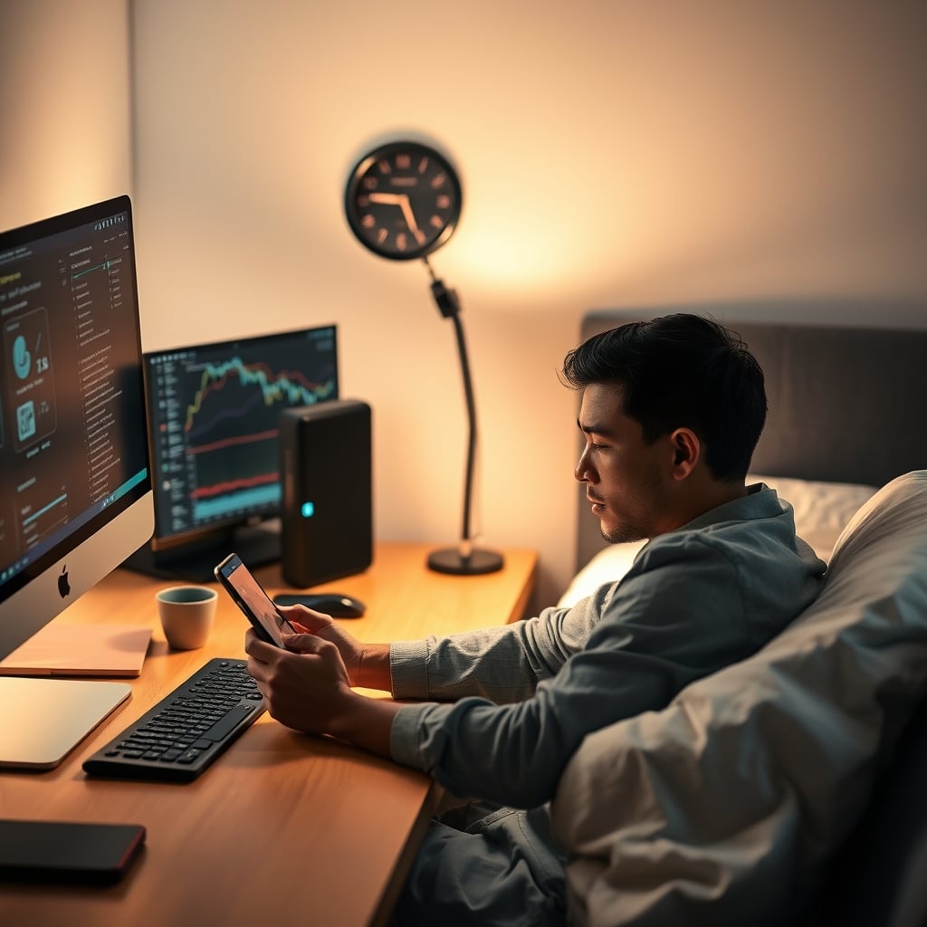 A person in bed looking stressed while checking sleep score data on their smartphone screen.