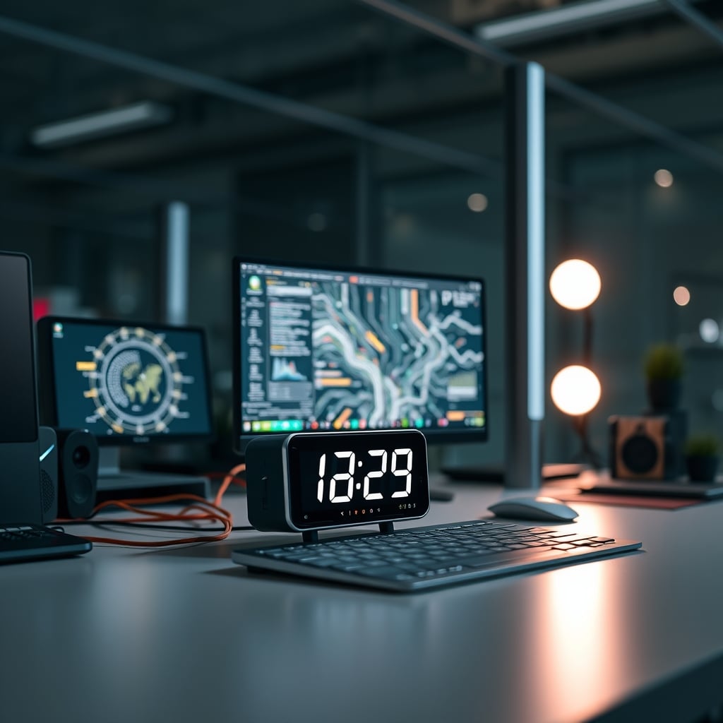 Smart clock on a modern desk with visible network data streams illustrating constant connectivity