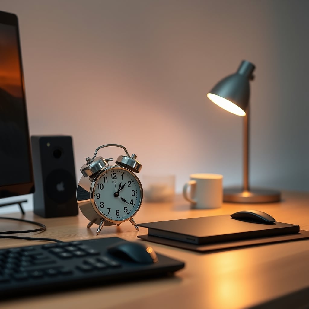 Clean, focused desk with analog clock and no visible microphones or cameras