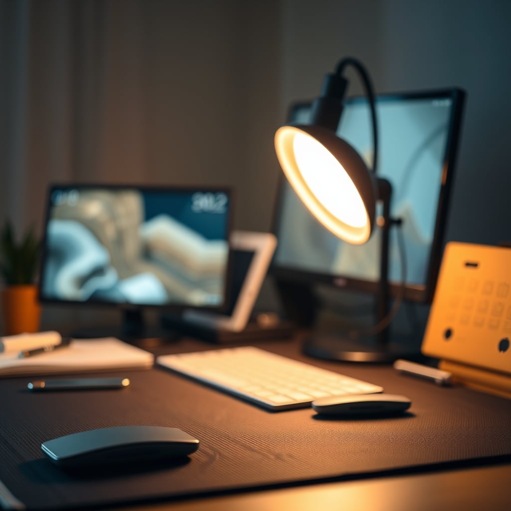 A clean desk setup with all smart lighting from one brand, uniform colors, no visible wires
