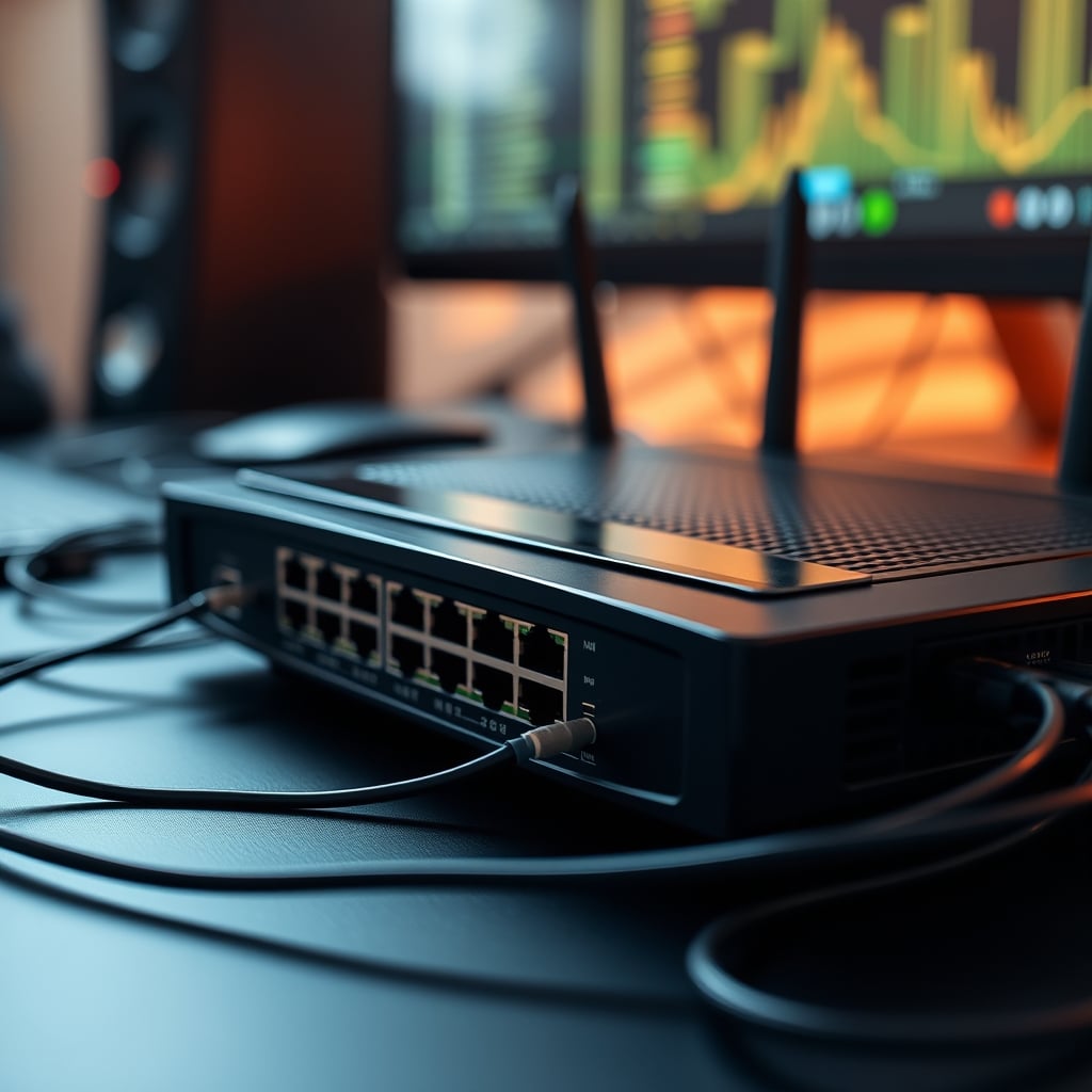 A complex home network setup with a router and switches, representing the difficulty of securing IoT devices.