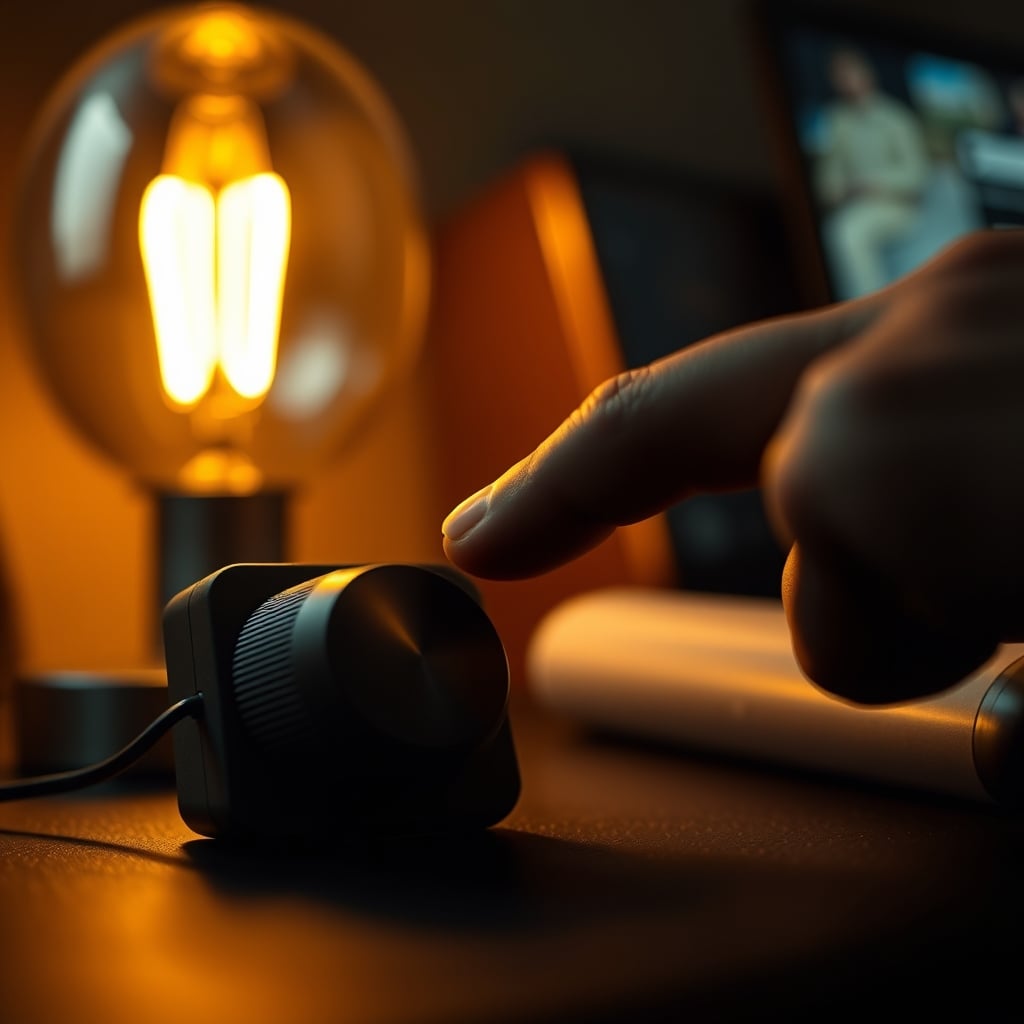 A hand turning a physical, tactile dimmer knob on a high-quality desk lamp.