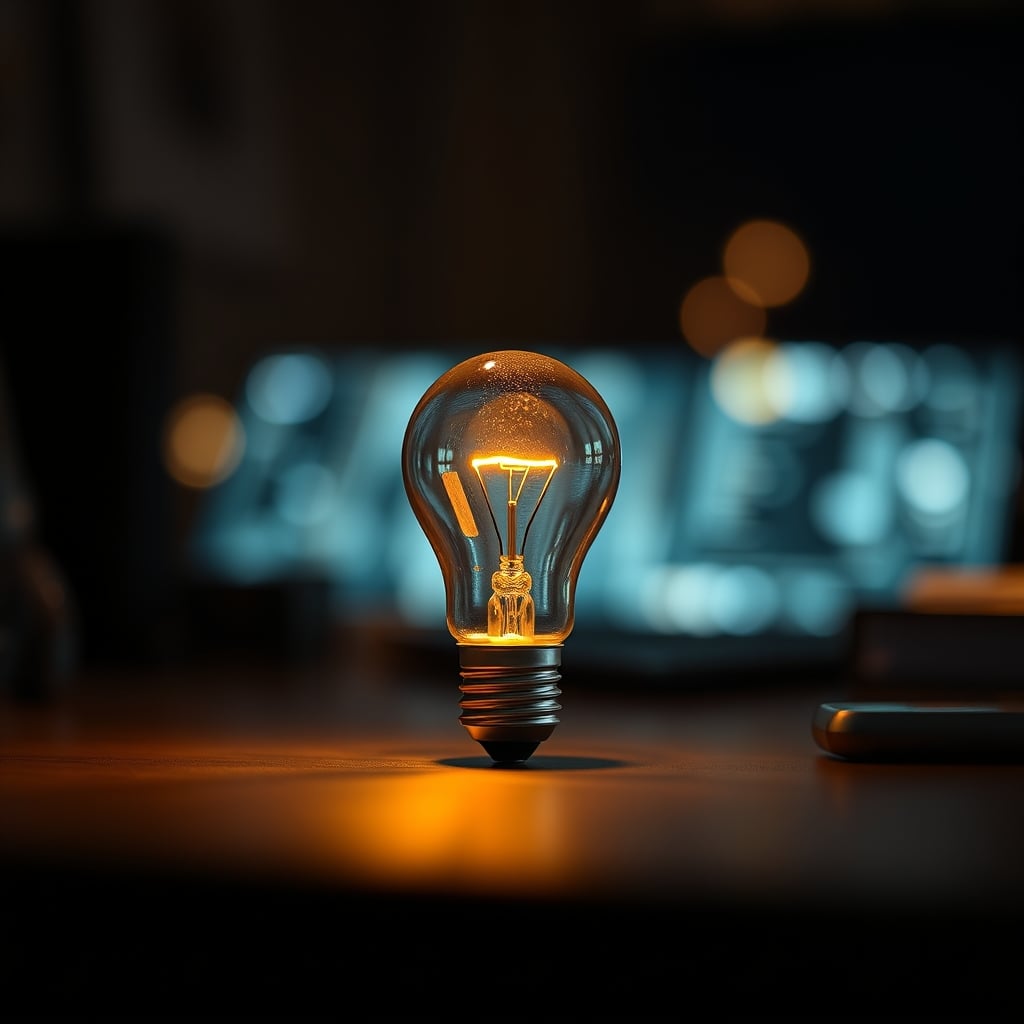 A close-up, moody shot of a smart bulb's internal circuitry faintly glowing.