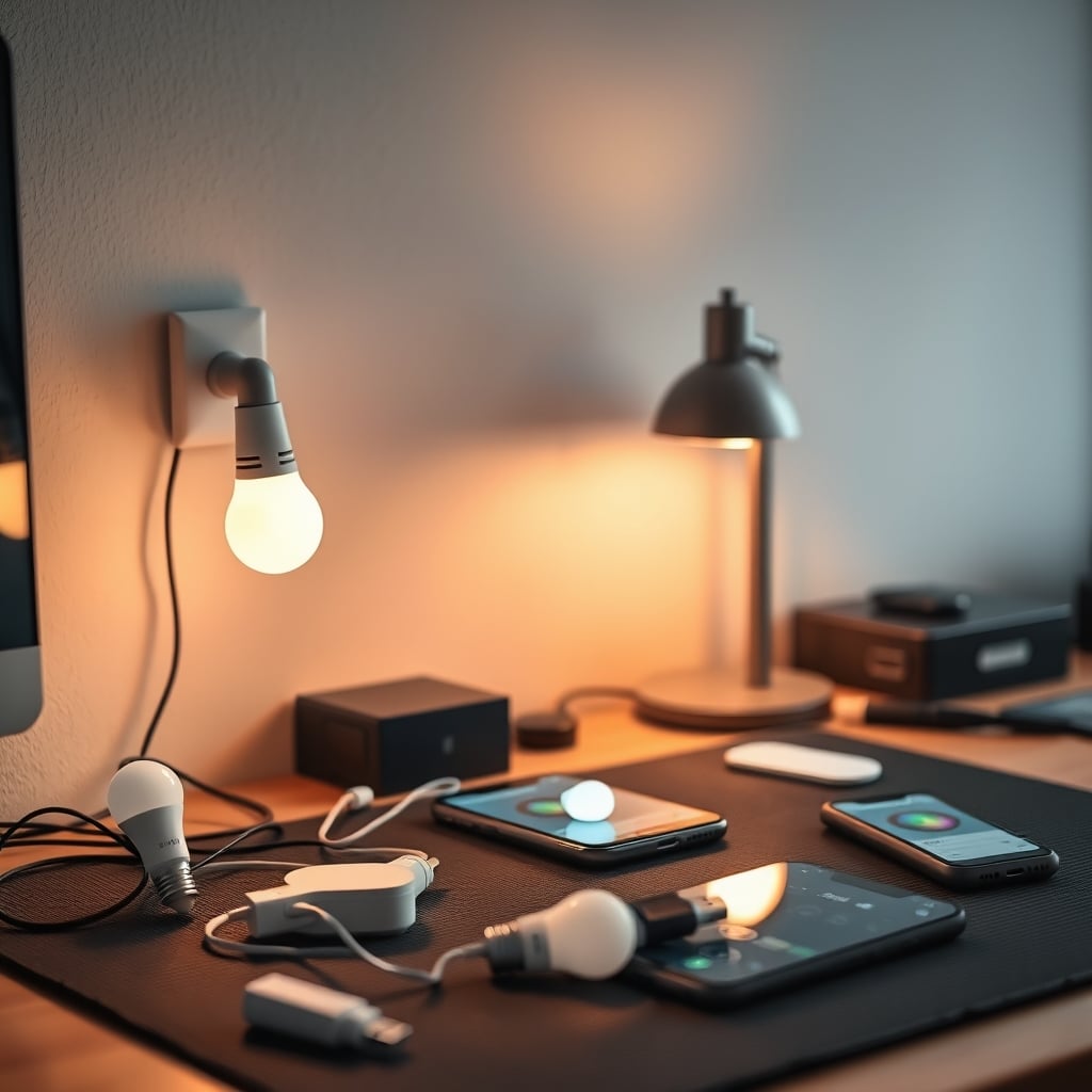 A clean desk with a single smart switch versus a cluttered desk with multiple smart bulb hubs and cables.