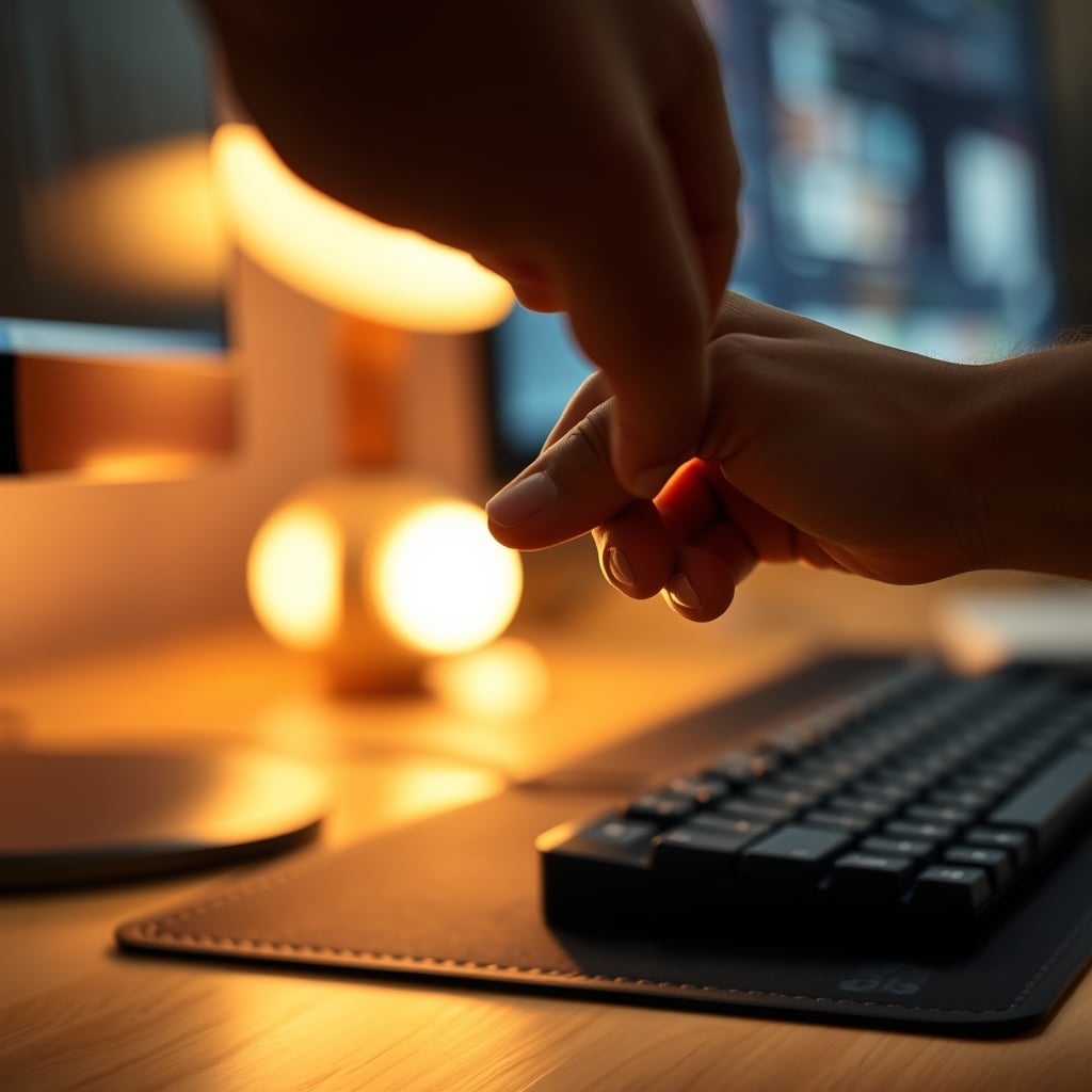 A hand manually adjusting a dimmer knob on a desk lamp, creating warm light.