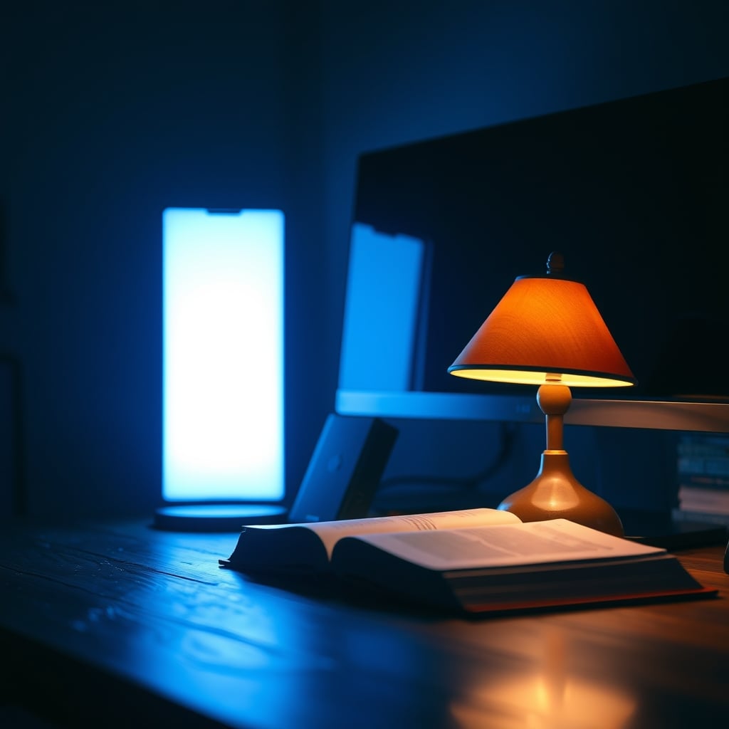 A warm, simple desk lamp providing gentle illumination next to a book, creating a cozy, focused atmosphere.