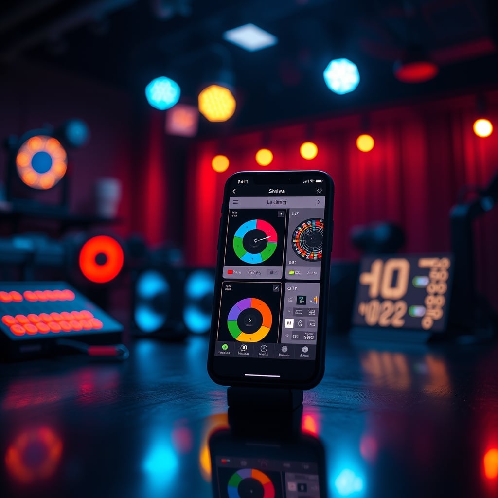 A confusing array of smart lighting app interfaces on a phone screen, symbolizing control overload.