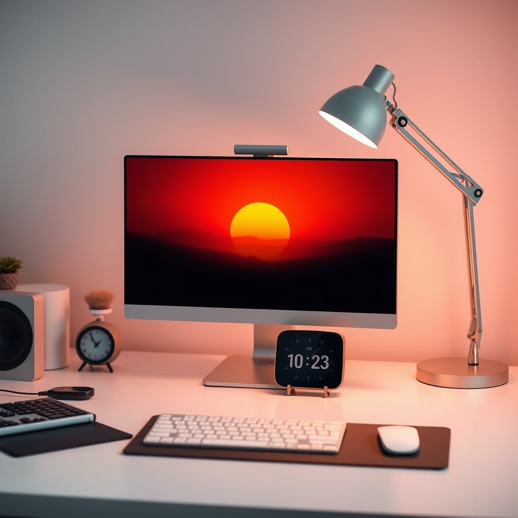 A clean, focused desk setup with an analog clock and a warm sunrise lamp