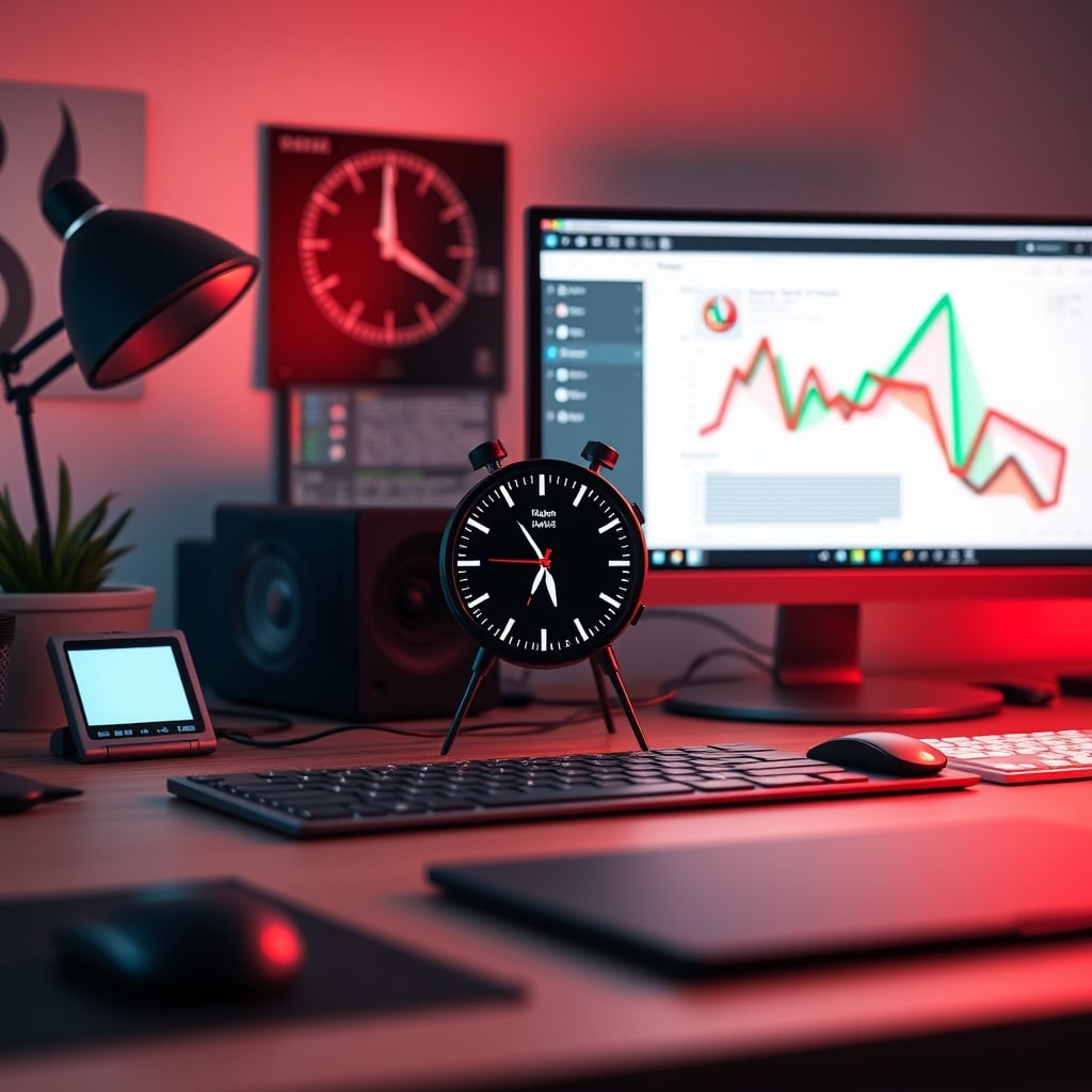 A minimalist desk with a glowing smart clock, illustrating the proximity of distraction.